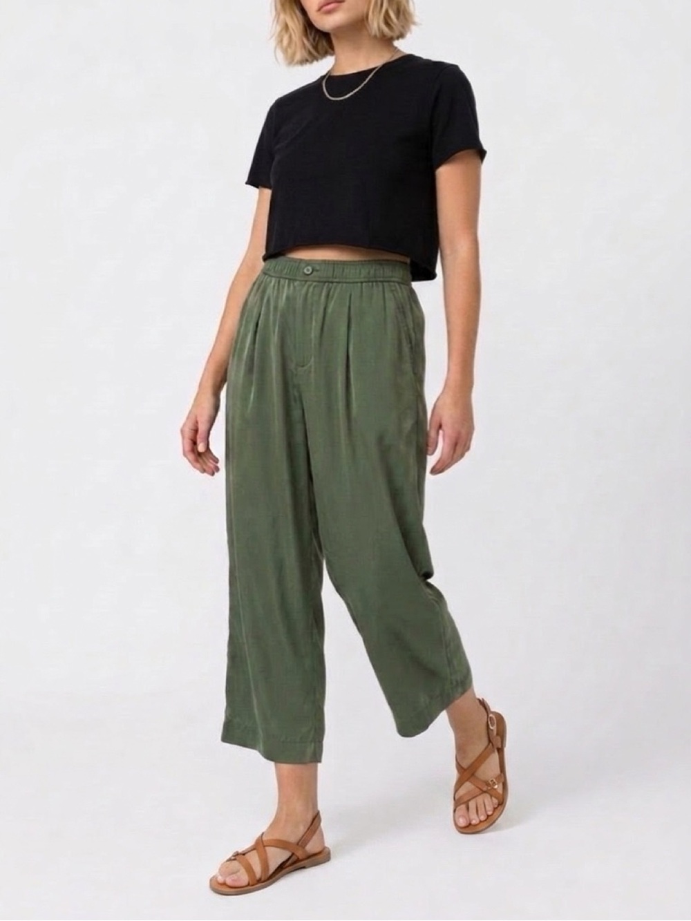 J Crew Flowy Green Elastic Waist Cropped Pants